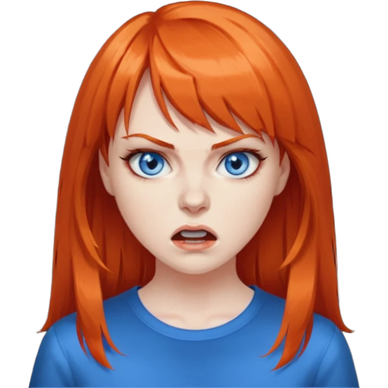 A woman with dark orange hair and bangs, blue eyes, an asmr streamer, angry, emoji
