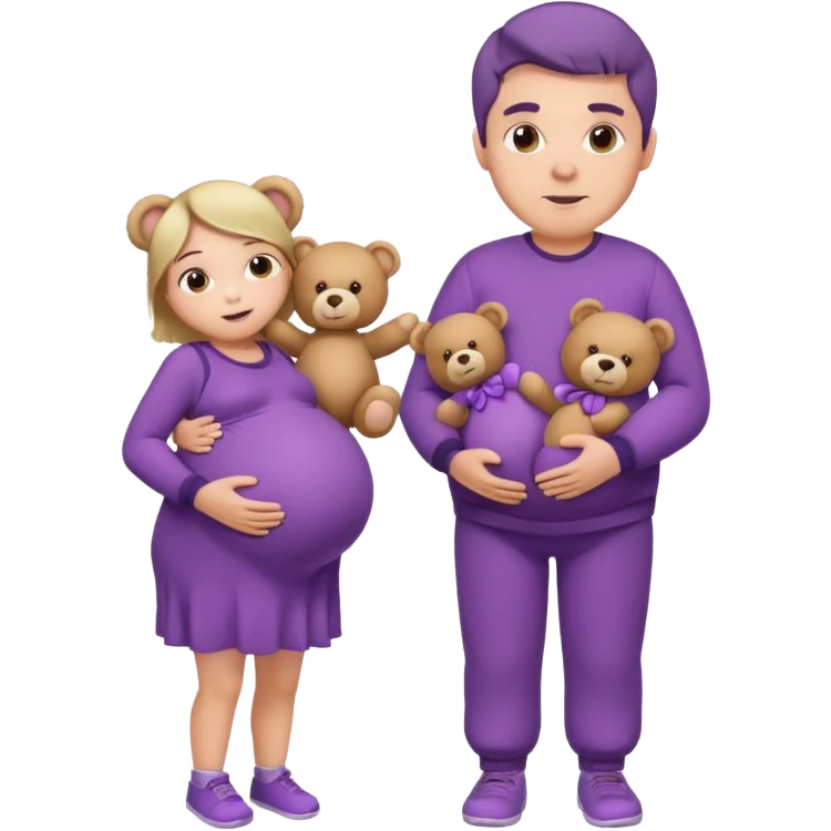 A pregnant man with fair skin wearing purple clothes with teddy bears pattern emoji
