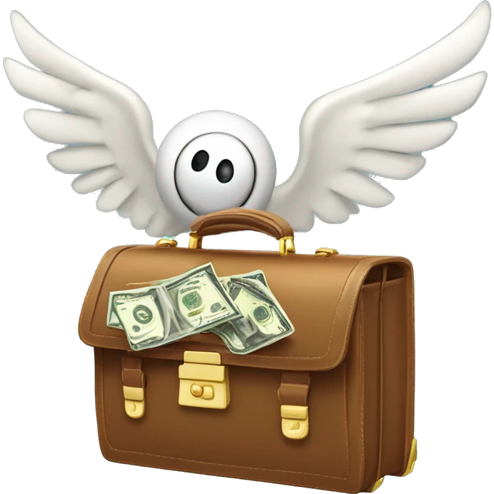 A playful winged briefcase with cartoon eyes, gliding upwards with dynamic motion lines, trailing glittering dollar signs emoji