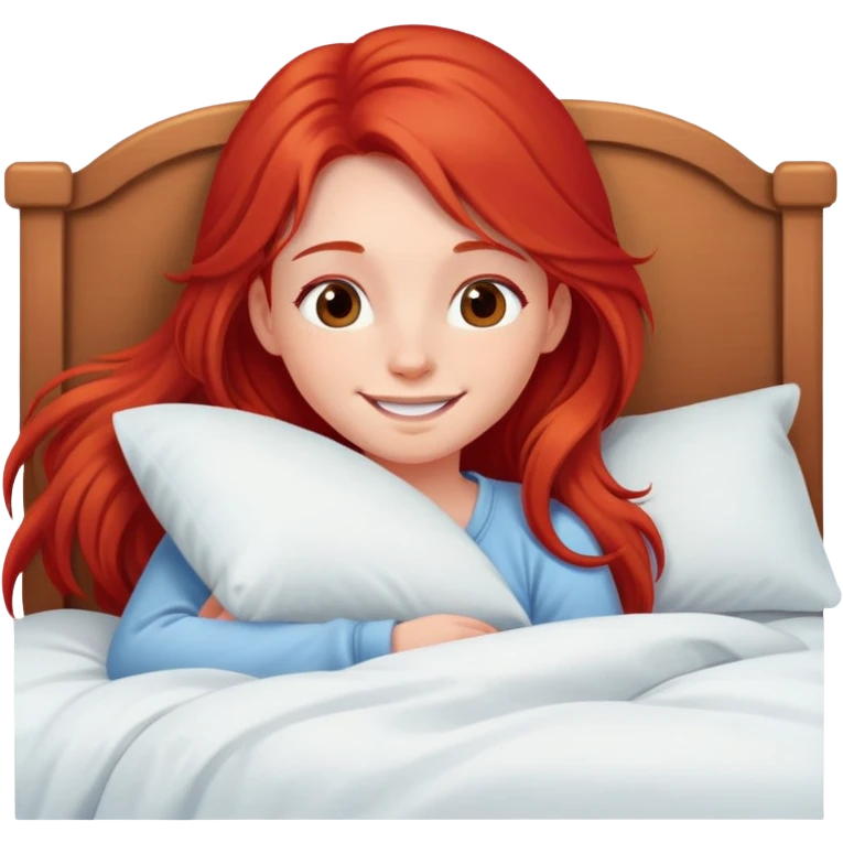 Cute girl with red long hair in bed smiling  emoji