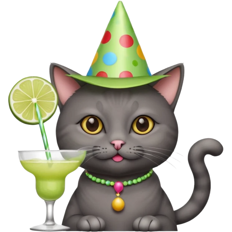 A dark grey cat is wearing a party hat, and drinking a margarita. emoji