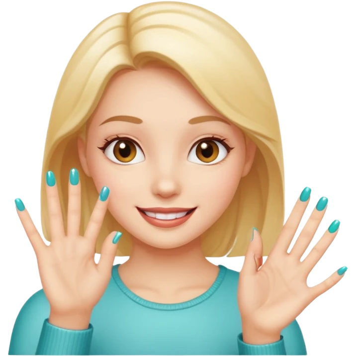 a girl happily showing off her new nail, focus on her hand with a bright nail, cheerful expression emoji