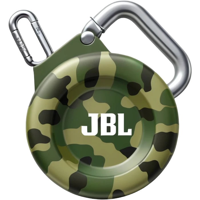 Ultra minimal JBL Clip 4, extremely simplified circular shape with tiny carabiner, just a few green camo spots, small JBL logo, iOS emoji style emoji