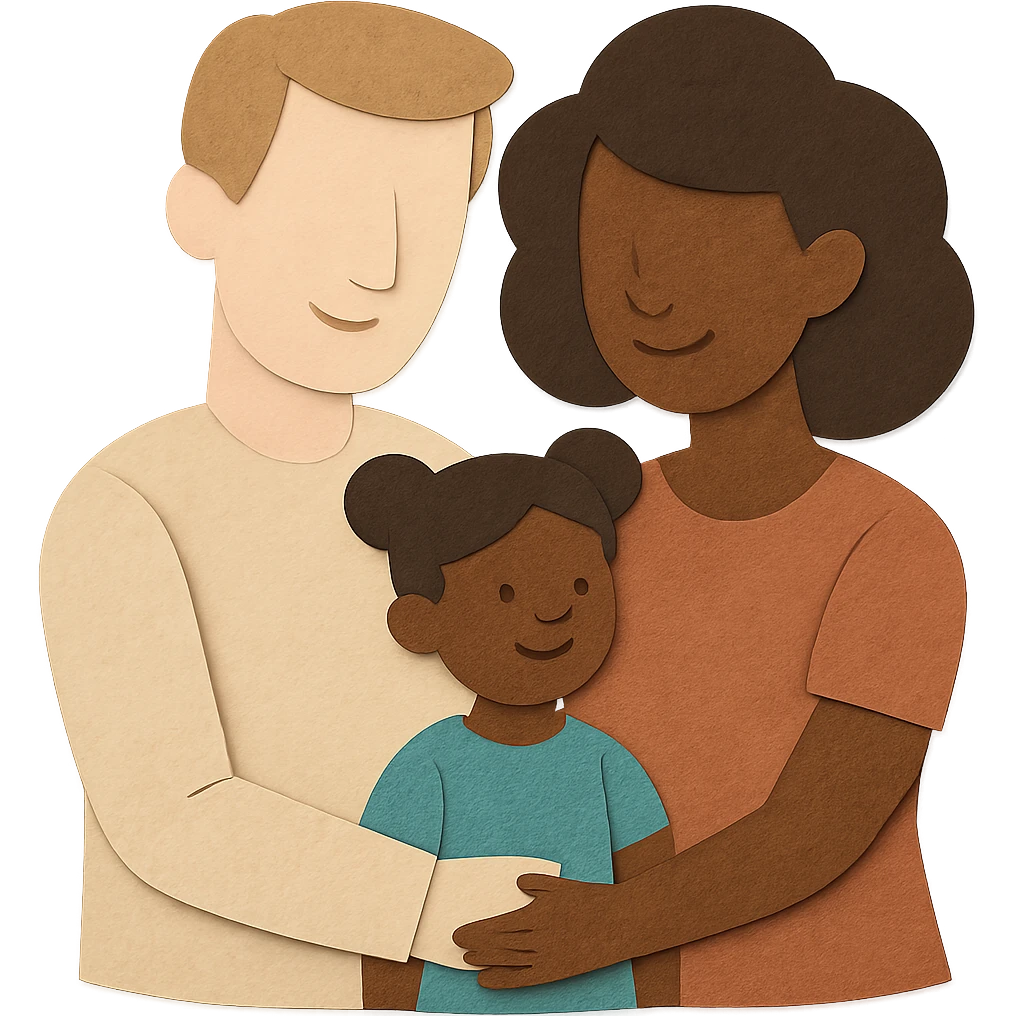 paper craft style family with white dad, black mom, and black child, no background emoji