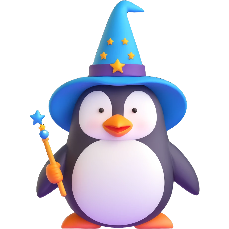 penguin wizard with a starry wizard hat and magic wand emoji