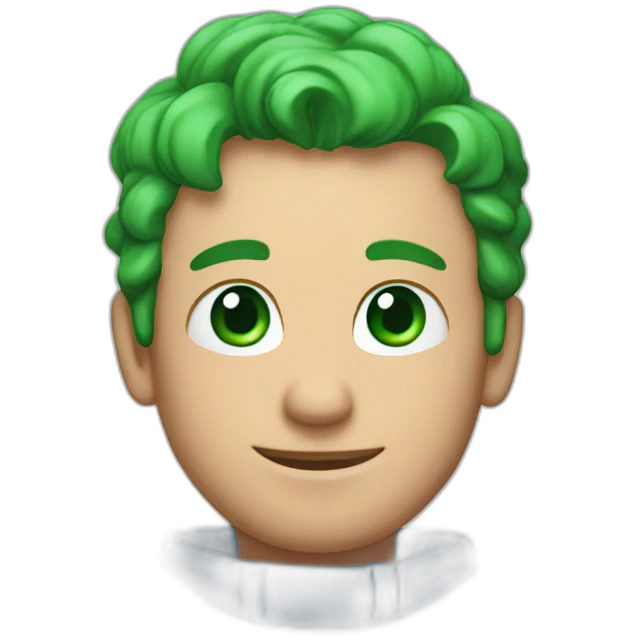 a man, green eyes, blue sweatshirt, green rubies on his head, waves hello emoji