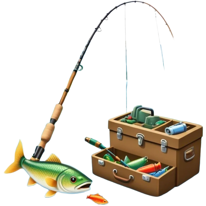 Icon for Fishing Travel: a fishing rod, tackle box, boots, and a boat by a serene lake, with fish jumping out of the water and surrounded by lush nature. The icon should capture the peaceful and adventurous spirit of fishing trips. Transparent background. emoji