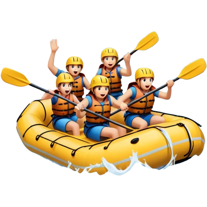 A group of adventurers paddling a raft through wild, fast-moving river rapids. The scene includes splashing water, rugged rocks, and intense action, emphasizing the excitement and teamwork of rafting in challenging conditions. emoji
