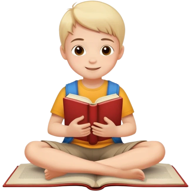 child sitting cross-legged on the floor, cheerful and calm, with a book in hand emoji