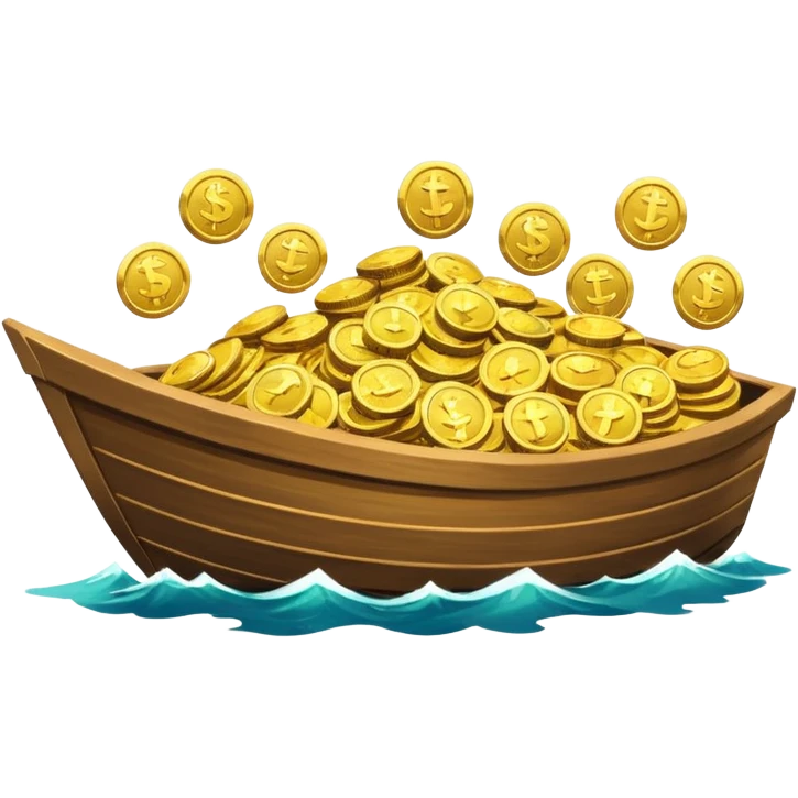 emoji of gold coins on the boat in the sea emoji