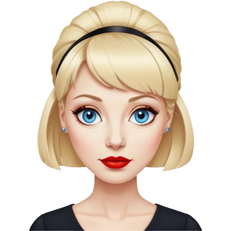 Woman in her early 50s with pale skin, wider face, blue eyes with eyeliner, thin eyebrows, red lipstick, blonde updo hair with bangs, wearing a black top emoji