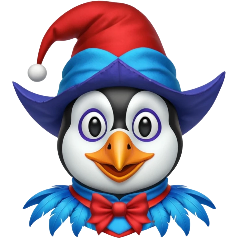 crazy colorful penguin jolly joker, medieval, vintage, court jester, mac os icon, blue color emoji