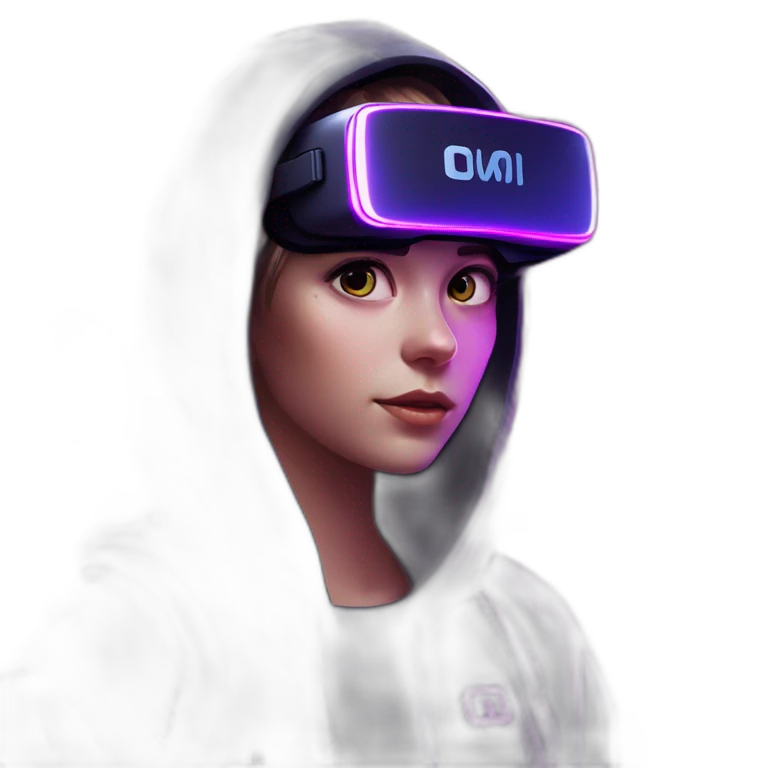 Russian girl wearing a black hoodie with "OMG" letters on it and VR headset in a cyberpunk VR environment with violet neon lighting. emoji