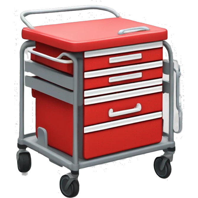 Singular Red medical crash cart is a mobile, multi-drawer unit designed to store and organize emergency medical supplies and equipment and a cardiac defibrillator on top emoji
