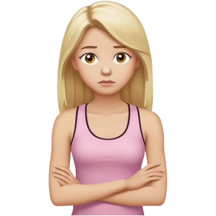 Create a young woman with long blonde hair, golden eyes, and medium-light skin tone, wearing a light pink tank top and leggings. She should be in portrait mode, but with a subtle doubting facial expression—slightly raised eyebrow, small frown, .  and her hand next to her chin like a thinker emoji