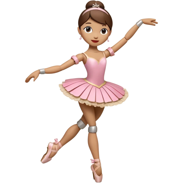 3D render of Ballerina Puppet as a wooden marionette puppet, Wood joints at knees, dancing pose, silver metal screw joints at elbows and knees, polished brown wood texture, rigid toy pose, Apple emoji style, isolated on white background --v 6.0. emoji