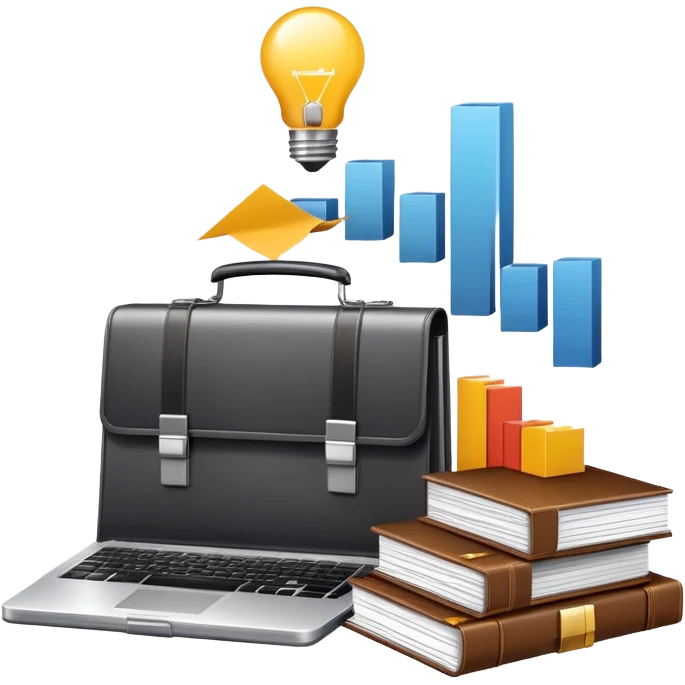 An icon showing a briefcase, a stack of documents, and a rising bar chart, representing business and entrepreneurship. The design features a laptop and a lightbulb, symbolizing innovation and strategy. Transparent background highlights the dynamic world of business growth and leadership. emoji