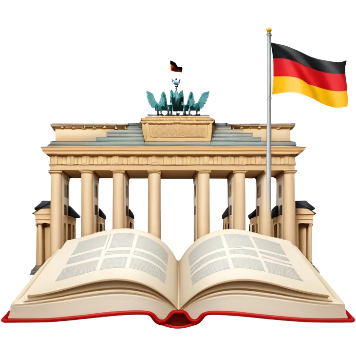An icon featuring the Brandenburg Gate and the big flag of Germany, symbolizing the German language. The design includes an open book with German text representing language learning and German culture. Transparent background highlights the essence of German heritage. emoji
