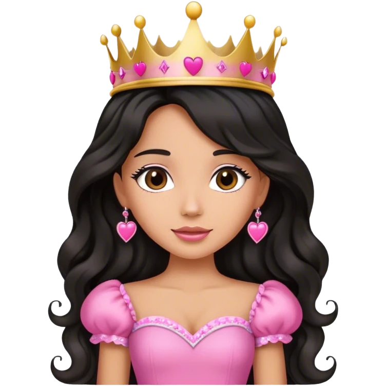Very tanned princess, with long black wavy hair and a crown, a pink princess Outfit. In love with hearts emoji