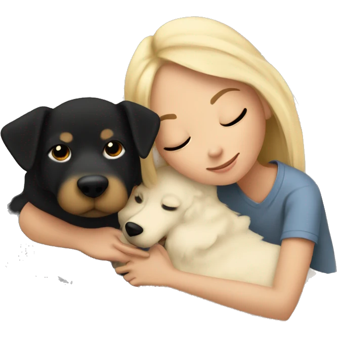 blond girl cuddling in bed with black and tan colored dog and cozy blankets emoji