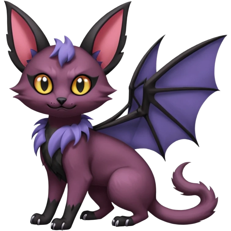 Black edgy Swoobat-Noibat-Purloin-Torracat-Lykoi-Caracal-cat-Fakemon-fusion-hybrid-creature with with tufted ears, tufted tail, bat wings as ears, head wings, ear wings, vampiric, batty emoji