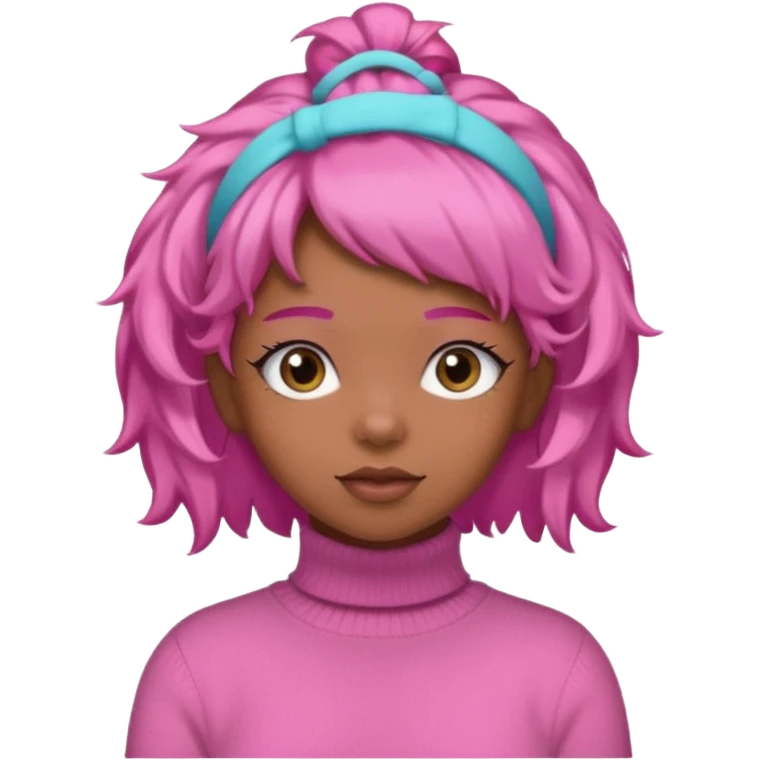 black fluffy haired girl with pink turtleneck sweater and pink hair band emoji