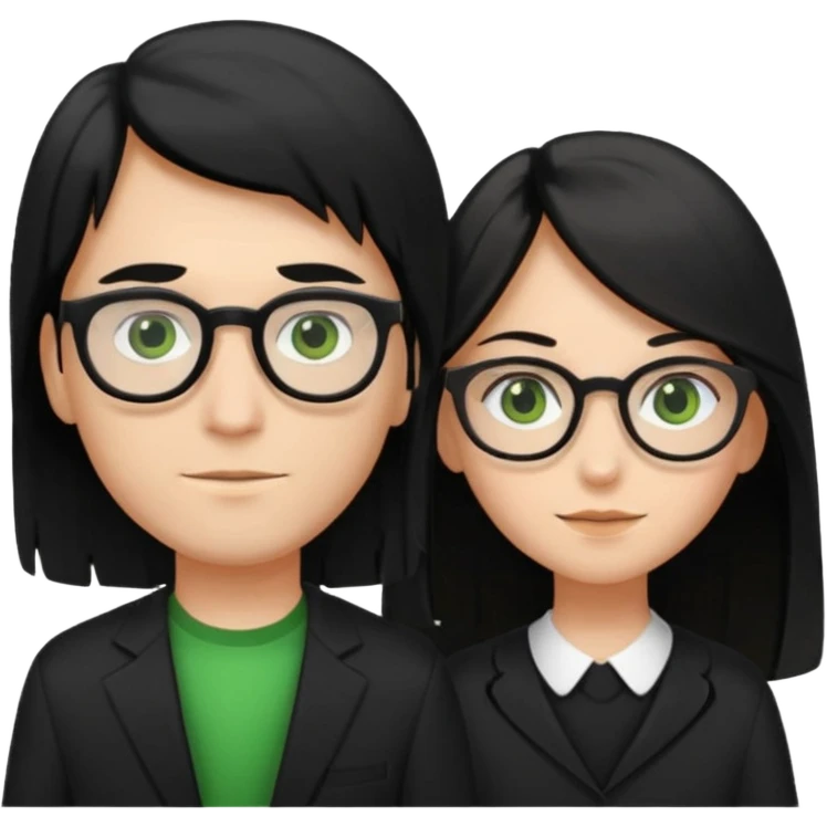 Couple, girl with black long hair and brown eyes, boy with brown and blonde hair with green eyes and glasses black  emoji