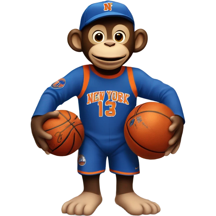 Curious George wearing a knicks uniform, jersey says "New York" and has "11" in the center, monkey is holding a basketball  emoji