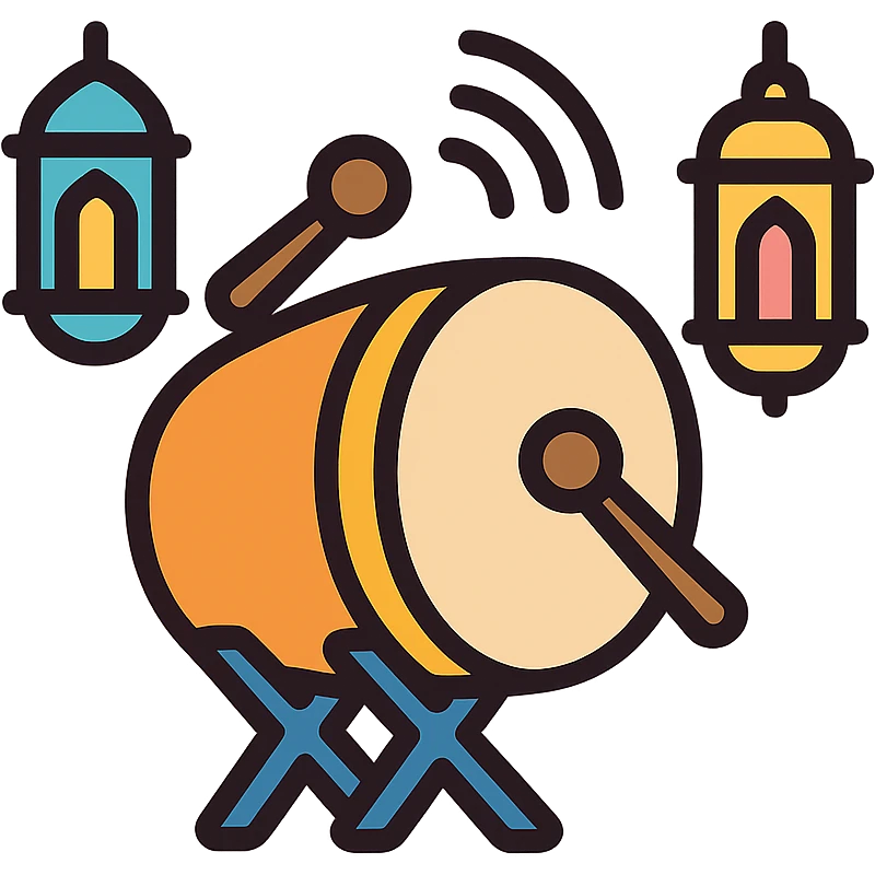 colorful icon of a drum with sound waves and Ramadan lanterns, representing 'tung tung tung sahur' emoji