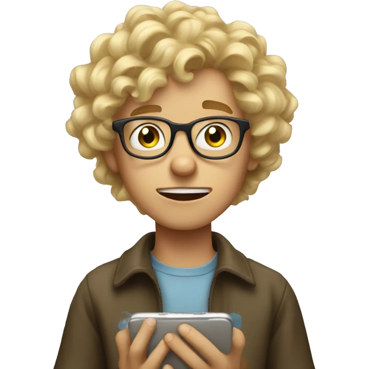 boy with glasses and blonde a little curly hair screams at phone emoji
