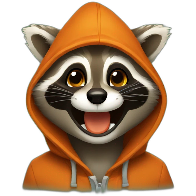 brown raccoon with orange eyes and a dark green hood that is laughing emoji