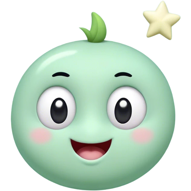 A cute, light green animated character with big round black eyes, a small white mouth, and rosy cheeks. The character has a unique upward-curving white tuft on its head. It stands against a soft pastel green background with a small white star to its left.  emoji