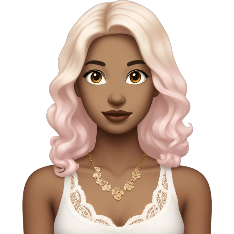 fair-skinned girl with black, slim shaped eyes and long lashes. long, dark brown hair In a wavy/blowout style. wearing a delicate white lace tank top and a dainty gold necklace, plump light pink lips. emoji