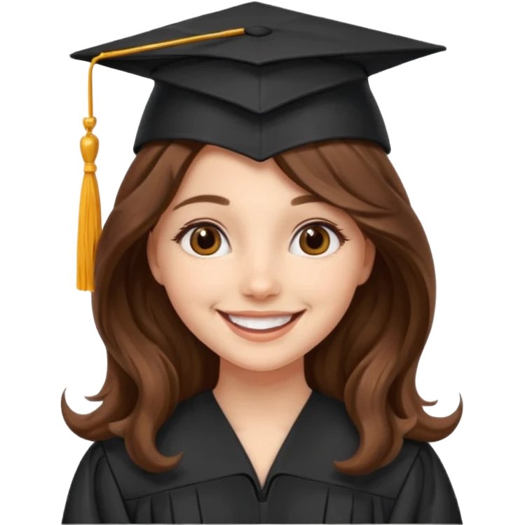 Graduated Students, Cheerful girl, long brown wavy hair, wearing graduation cap emoji