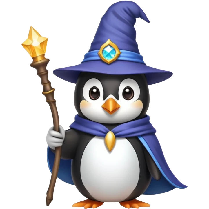 penguin wizard with wizard hat and magic wand emoji