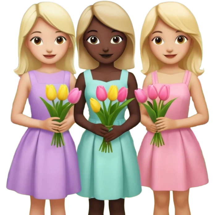 5 girls at a garden party wearing pastel dresses and holding tulips, one is black one is blond, one is asian, one is latina emoji