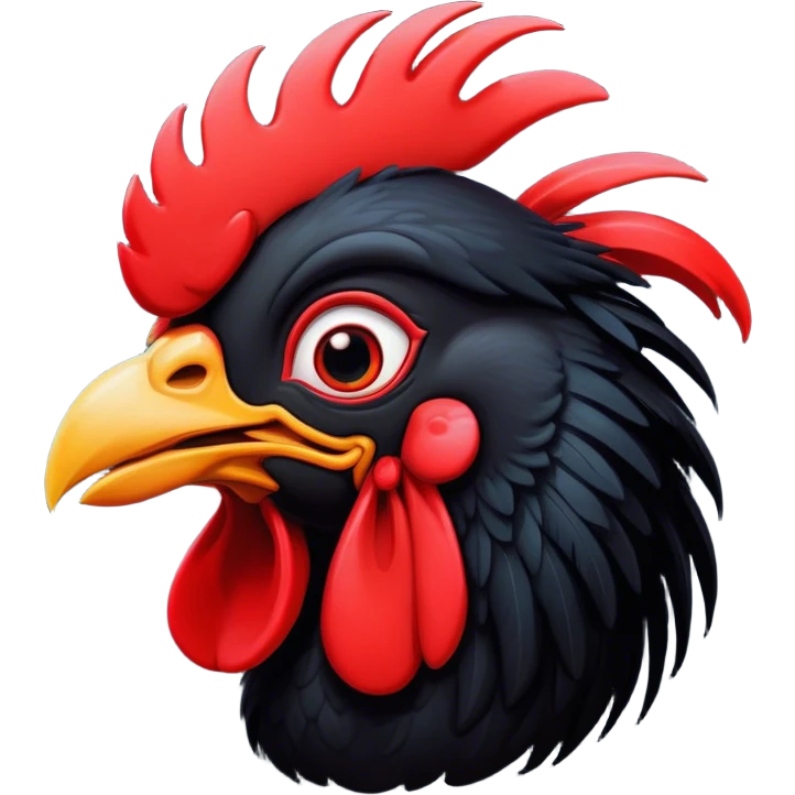 Cinematic Comical Black Rooster Portrait Emoji, Head tilted dramatically with an exaggeratedly shocked or amused expression, featuring a striking pure black plumage with a bold red comb, wide, expressive eyes filled with playful disbelief, Simplified yet hilariously expressive features, highly detailed, glowing with a slightly sassy glow, high shine, dramatic yet playful, stylized with an air of cheeky mischief, bright and endearing, soft glowing outline, capturing the essence of a spirited and over-the-top rooster, so meme-worthy it feels like it could crow its way into internet fame instantly! emoji