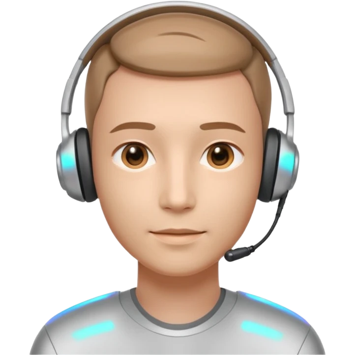 AI Call Agent holo-human-like Cyber AI face, warm, calm and friendly. Holographic look.Soft AI face with a listening, welcoming expression, minimal facial lines, calm eyes. Light headset. Man. emoji