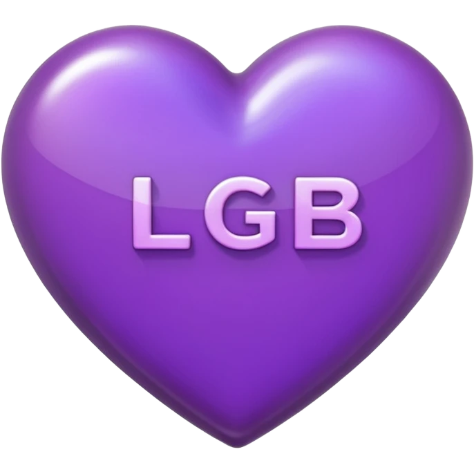 A photograph of a high-quality 3D purple heart-shaped emoji with a polished, glossy finish.The texture is smooth and candy-like, with a glass-like sheen that gives it a modern, high-end aesthetic. Add text as "LGB" in centre of heart emoji