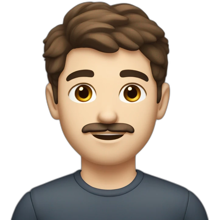 A young Caucasian man with dark brown eyes, almond-shaped eyes, short dark brown hair, and a small dark brown beard with a more prominent mustache. emoji