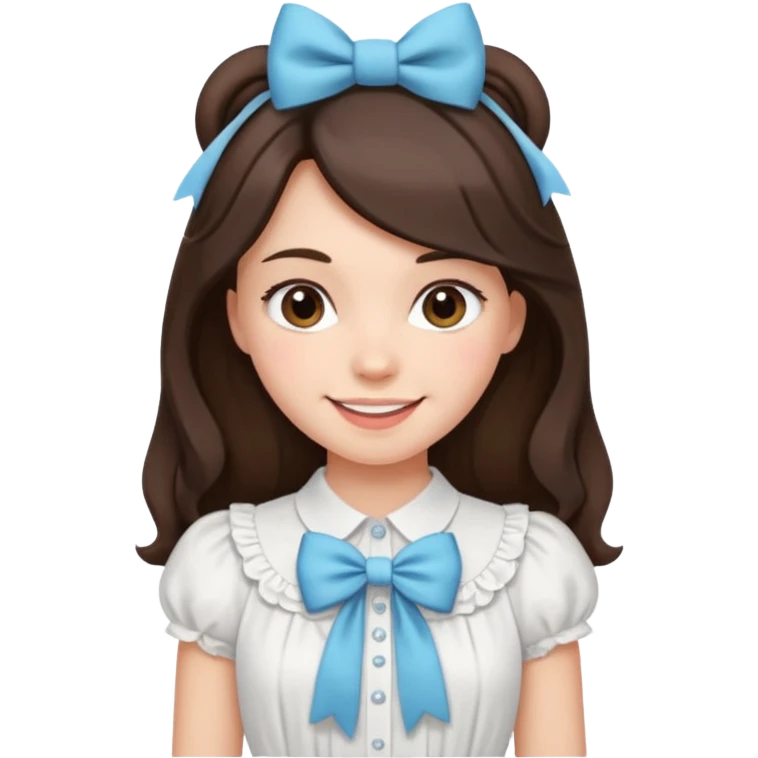 Brunette girl cute smile with bows in her hair pretty normal strip withe blouse till middle hip  emoji