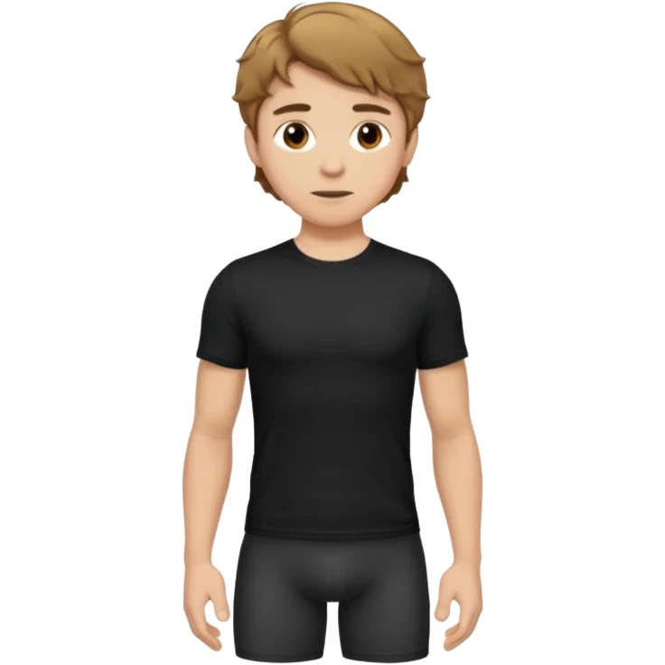 Man. He has short wavy (light-brown hair) and wearing a black t-shirt, and a visible bulge on the groin area molding his testicles. emoji