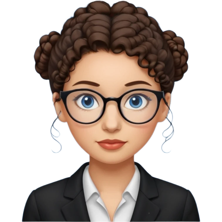 a woman, 30 years old, light skin with dark brown curly hair in a bun with some face framinig pieces. eyeglasses. Black suite on. blue eyes. emoji