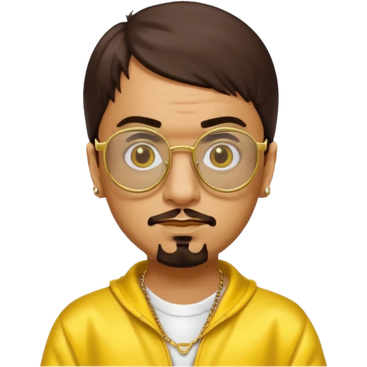 Ali G from Ali G Indahouse with brown eyes, dark brown hair, gold outfit, yellow glasses emoji
