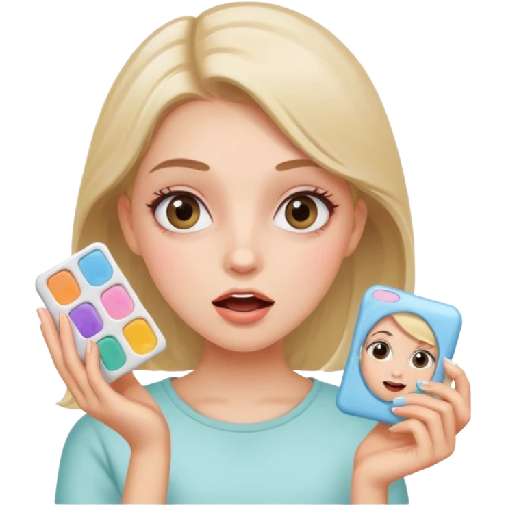 An aesthetic girl with a clean face and delicate shades advertises a sticker pack cosmetics with emotions of surprise emoji