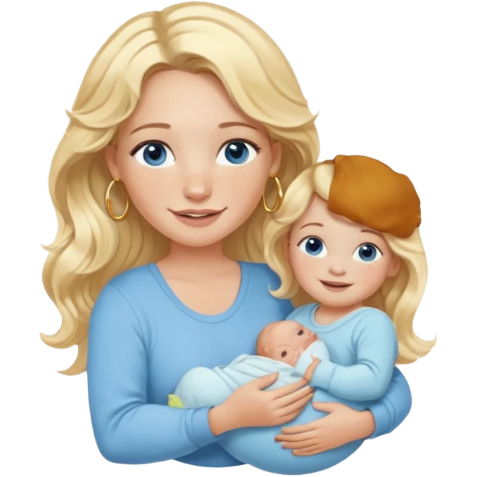 Wavy blonde, white woman with blue eyes, freckles hoop earrings, holding babies smiling and really cute in gold hoops she needs to be holding three newborns, and she needs to be more cute than pretty emoji