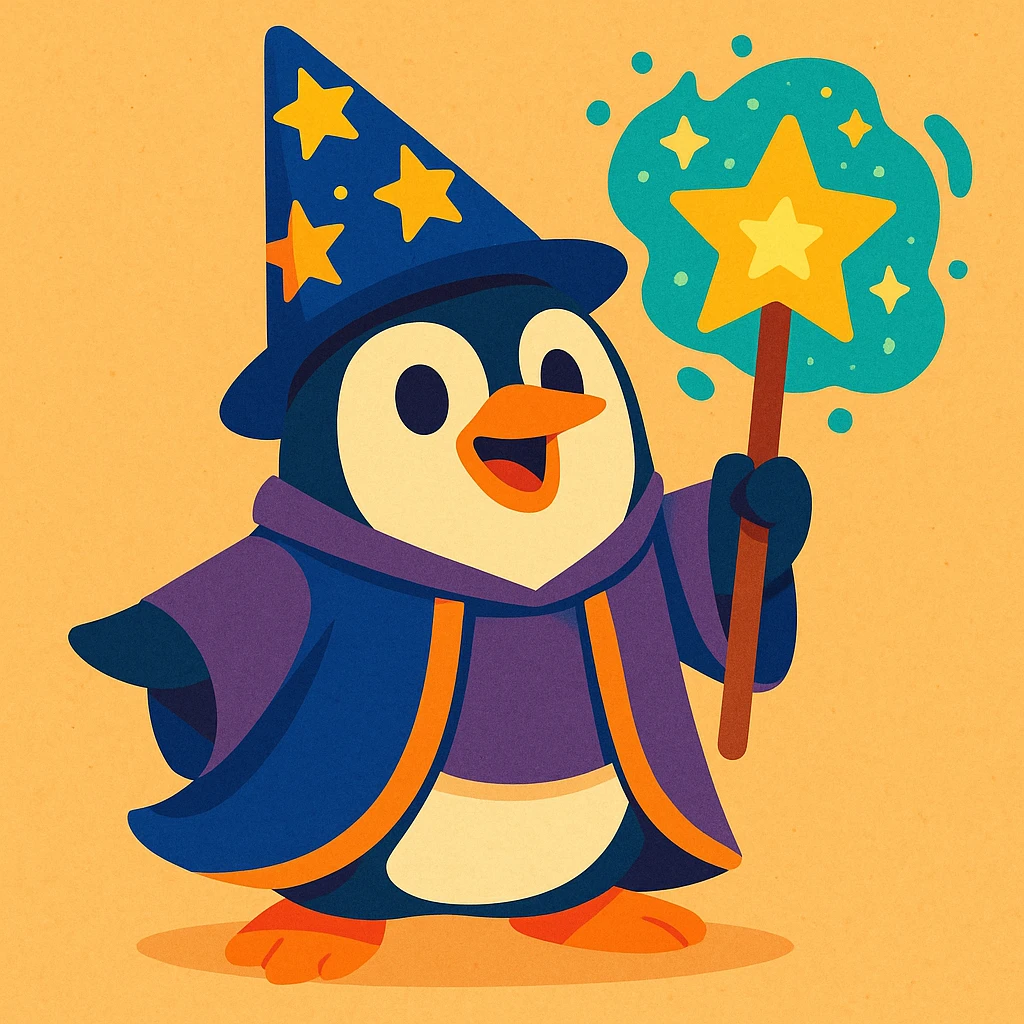 a whimsical penguin wizard with a starry hat and magic staff emoji