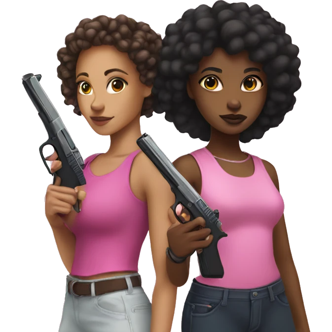 lightskin girl and black girl holding a pink guns emoji