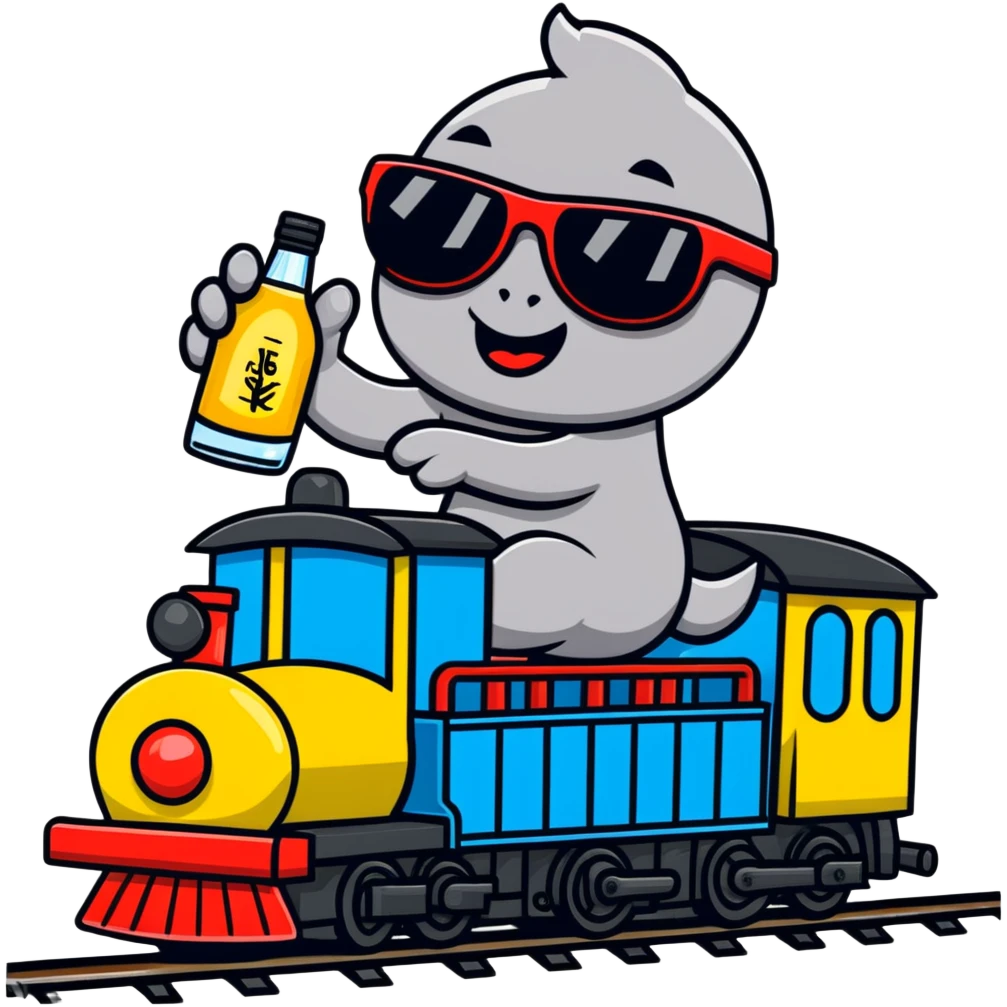 A comical locomotive partying with sunglasses, dancing on train tracks, holding vodka bottles like maracas emoji