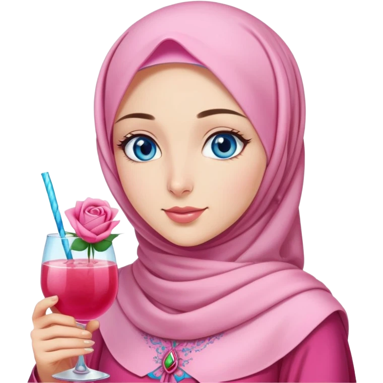 Turkish beautiful finish Konya girl blue eyes with pink hijab islamic dress and had on her hand rose mocktail emoji